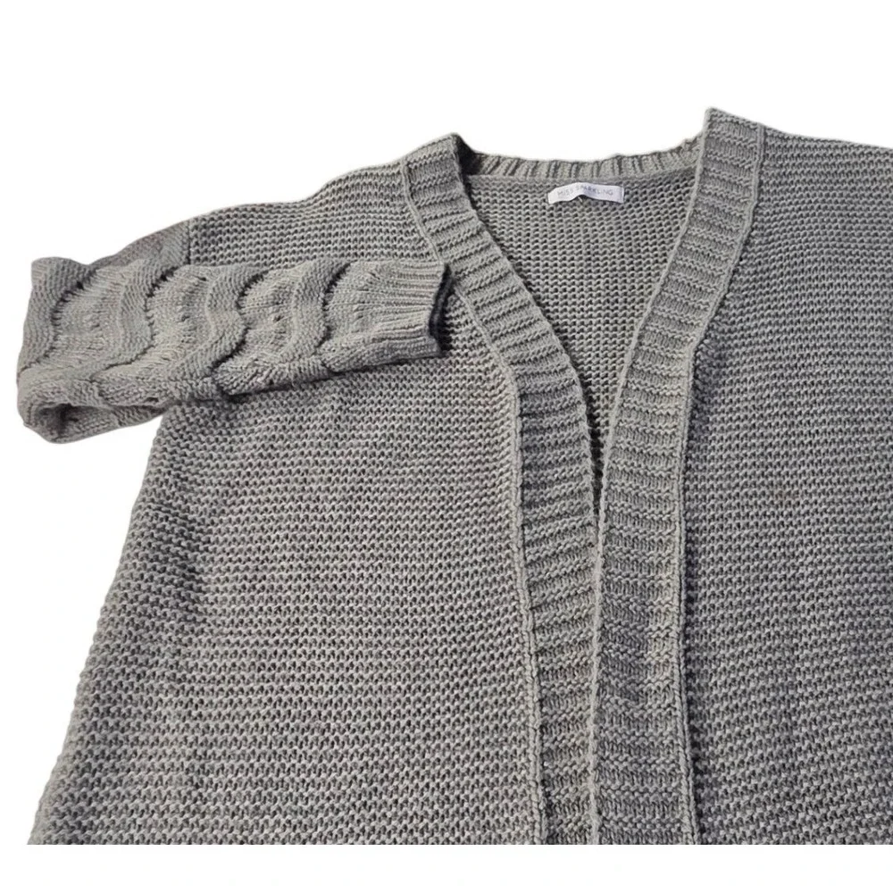 Miss Sparkling Open Front Longline Cardigan Sweater Small Gray Cable‎ Knit